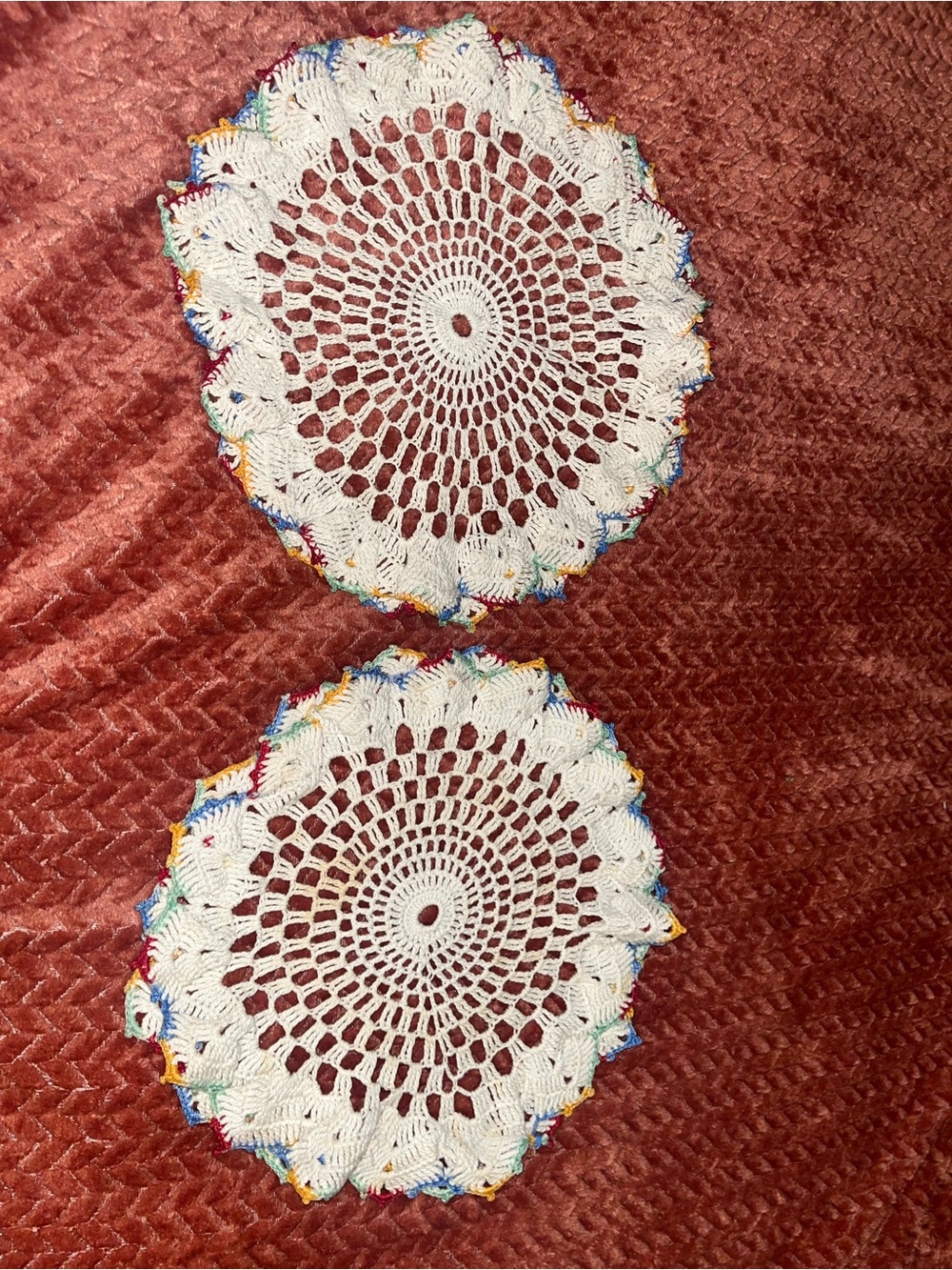 Handmade White Crochet Doilies with Multicolor Trim - Set of 2